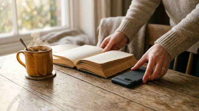 Hands setting phone face-down beside tea and book in warm morning light