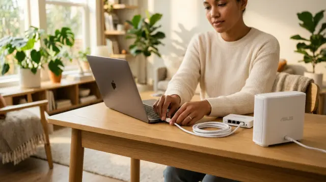 Person connecting ethernet cable to laptop beside powered-off router in bright minimalist living room