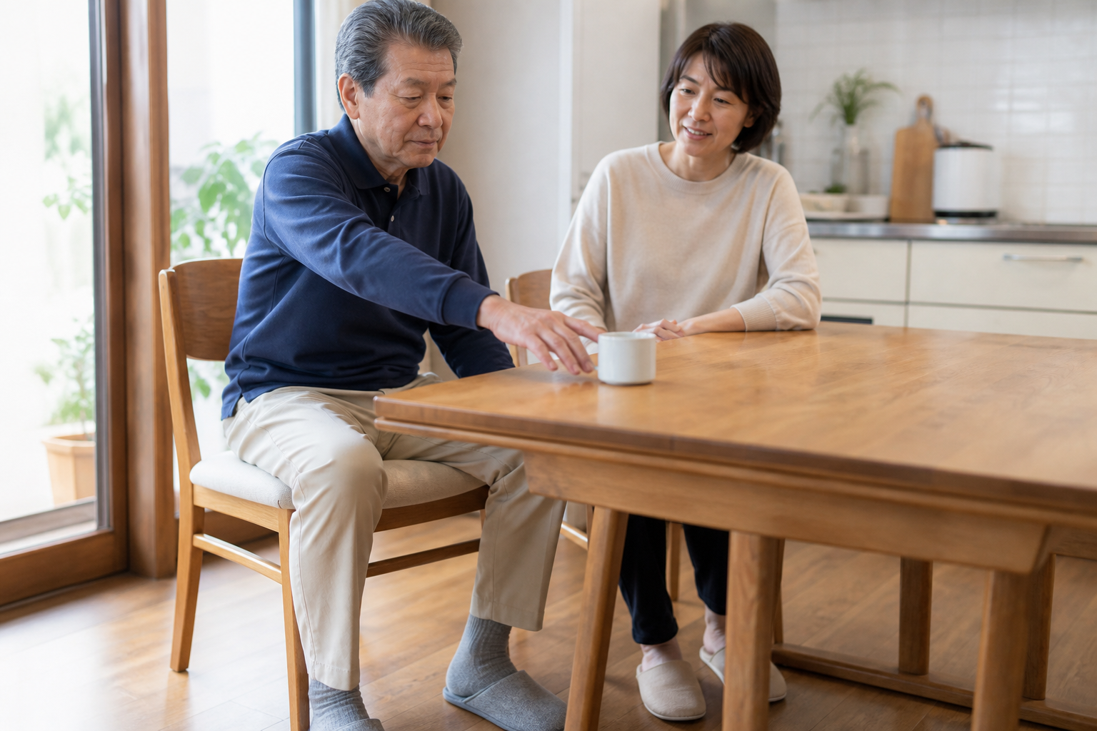 脳卒中後の方が自宅で座ってコップへ手を伸ばす生活場面