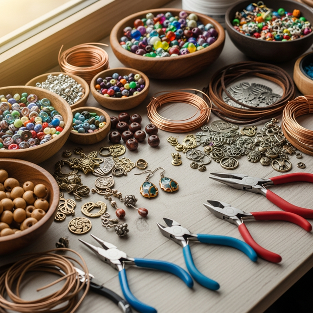 O imagine flat lay, plină de viață, a unei mese de lucru pentru creație de bijuterii DIY. Scena este plină de materiale diverse: boluri cu mărgele colorate din sticlă și lemn, sârmă modelabilă de cupru, șnururi din piele, pandantive metalice și un set de clești specializați. Lumina este caldă și naturală, accentuând o atmosferă de creativitate și relaxare.