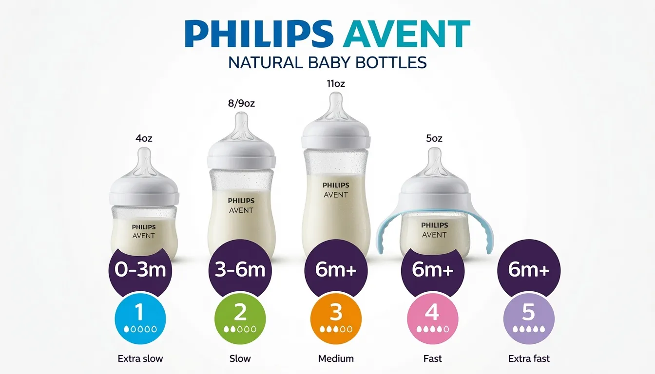 Sistema oficial Philips Avent — biberones Natural por capacidad (4oz, 9oz, 11oz, 5oz) con flow rates y edades sugeridas — el cuadro que confunde a las mamás