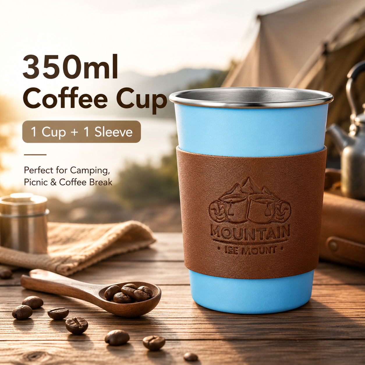 Blue 304 Stainless Steel Camping Coffee Cup with Leather Sleeve – 350ml Portable Outdoor Drinking Cup, Beer Cup, Travel Mug for Camping, Hiking, Picnic and Daily Coffee