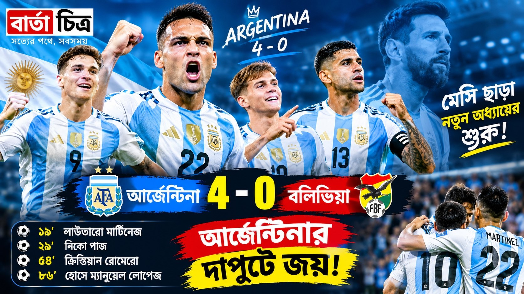 বলিভিয়াকে ৪-০ গোলে উড়িয়ে আর্জেন্টিনার দুর্দান্ত শুরু
