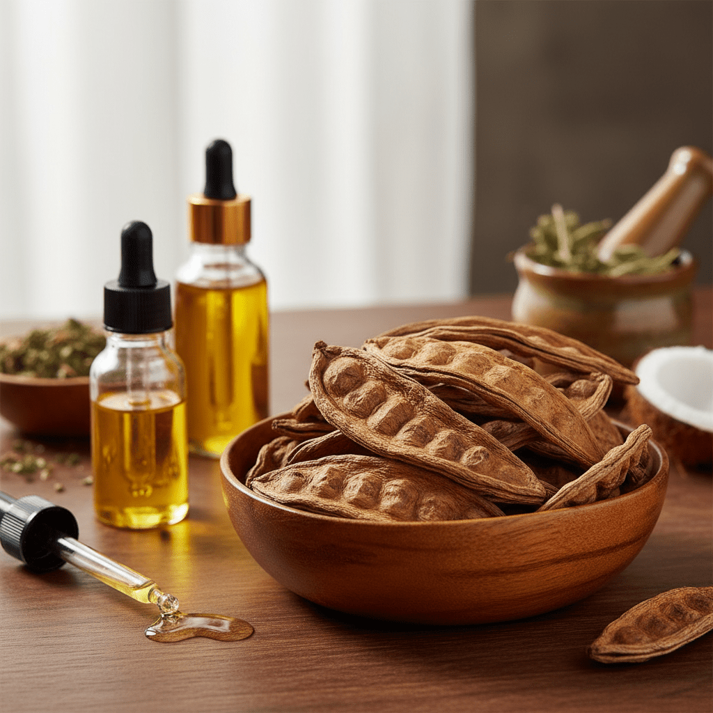 Shikakai pods and natural oils in a warm wooden still life