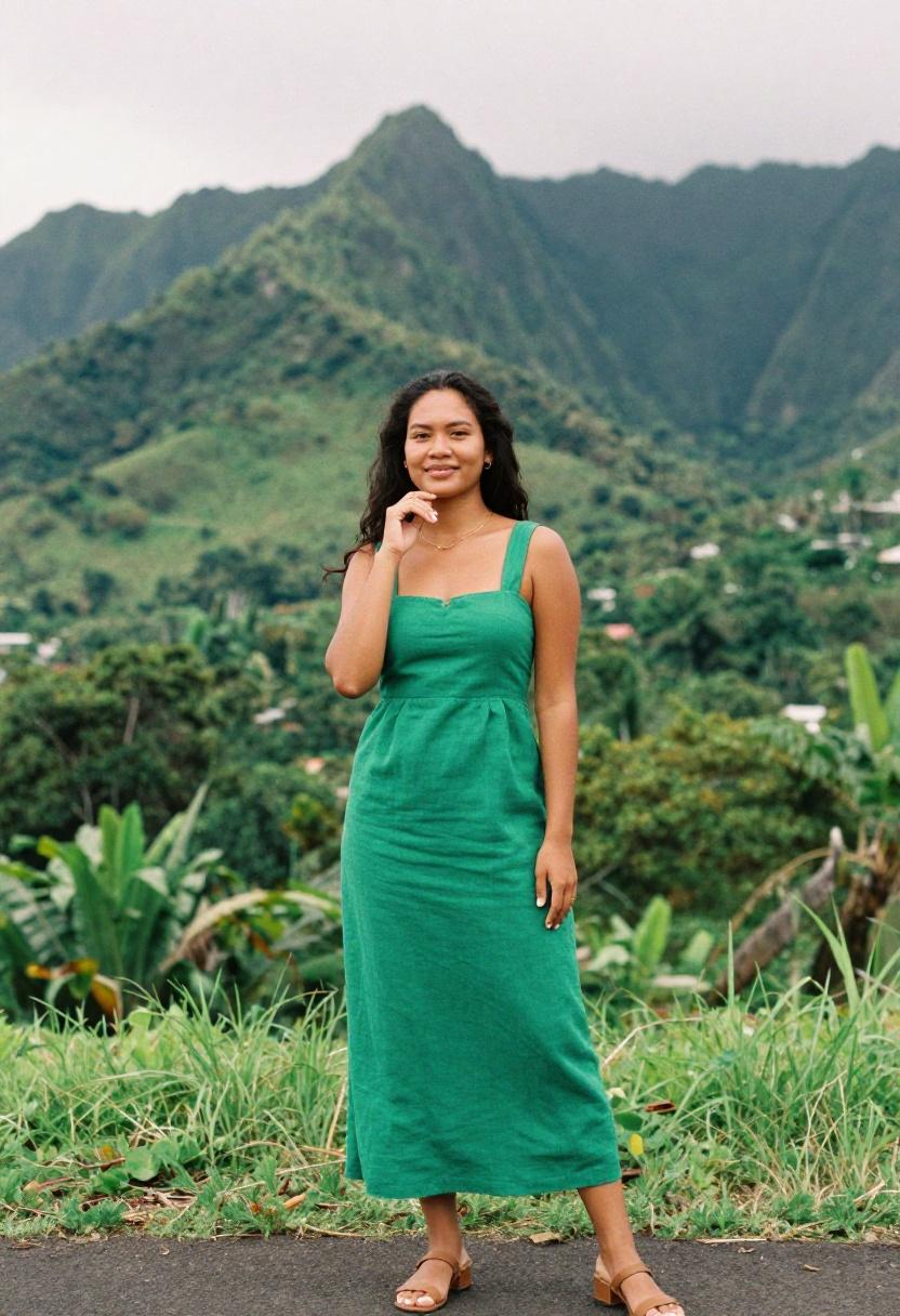 Emerald green linen sheath dress against tropical mountain greenery