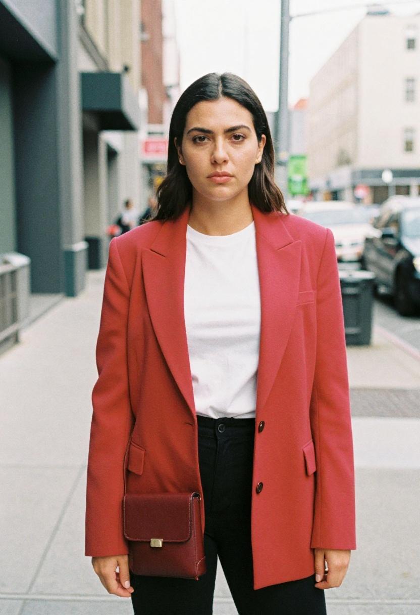 Woman in violet oversized blazer with compact burgundy crossbody bag delivering bold visual impact with hands completely free