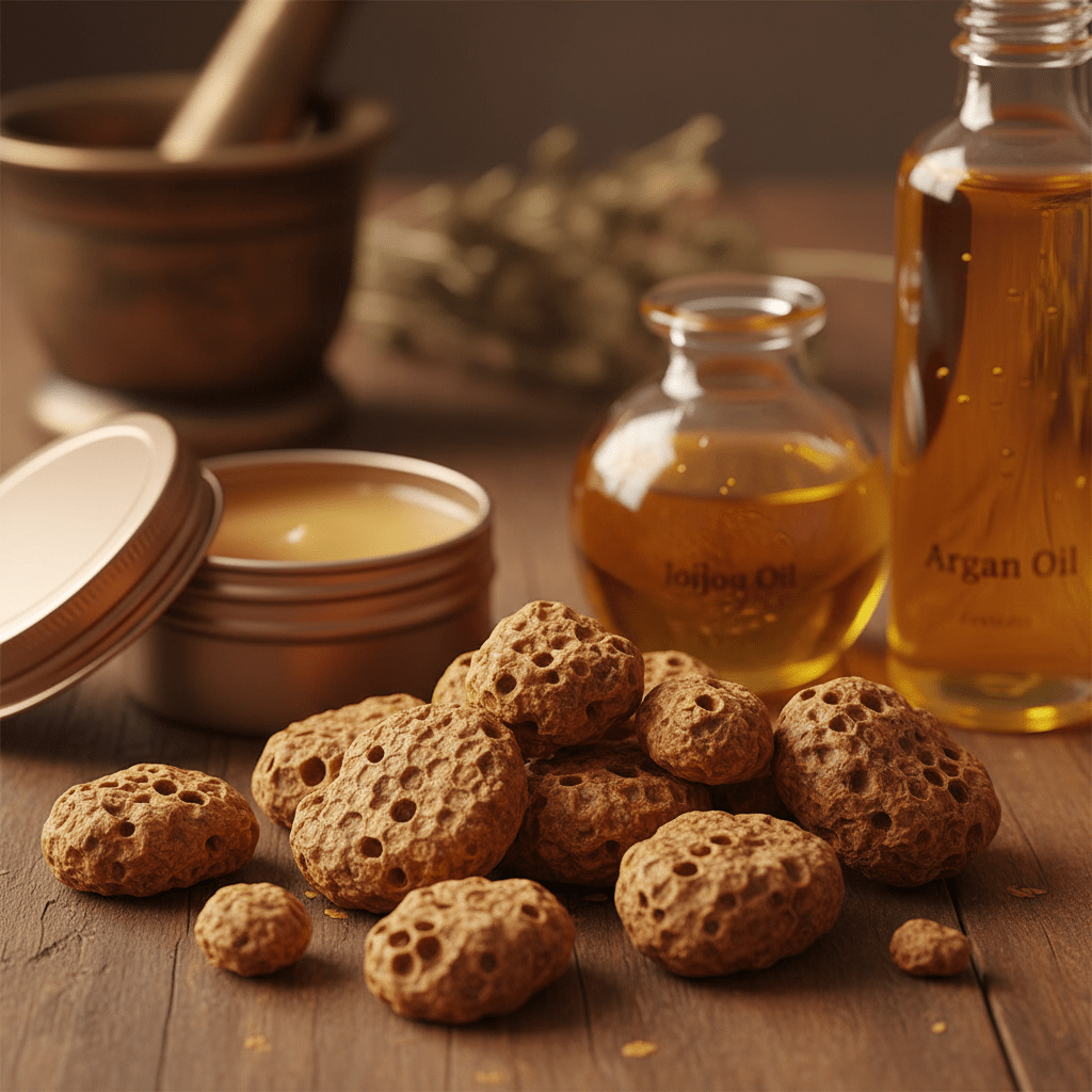 Beeswax pellets with hair balm and oil bottles