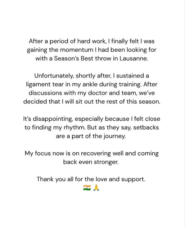 Neeraj Chopra Ruled Out of Asian Games 2026