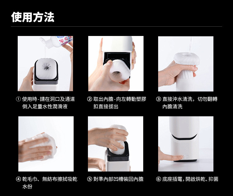 EasyLive NO8 智能電動飛機杯使用方法六步驟：注入潤滑液、取出內膽、沖水清洗、擦拭吸乾、裝回內膽、插電烘乾抑菌