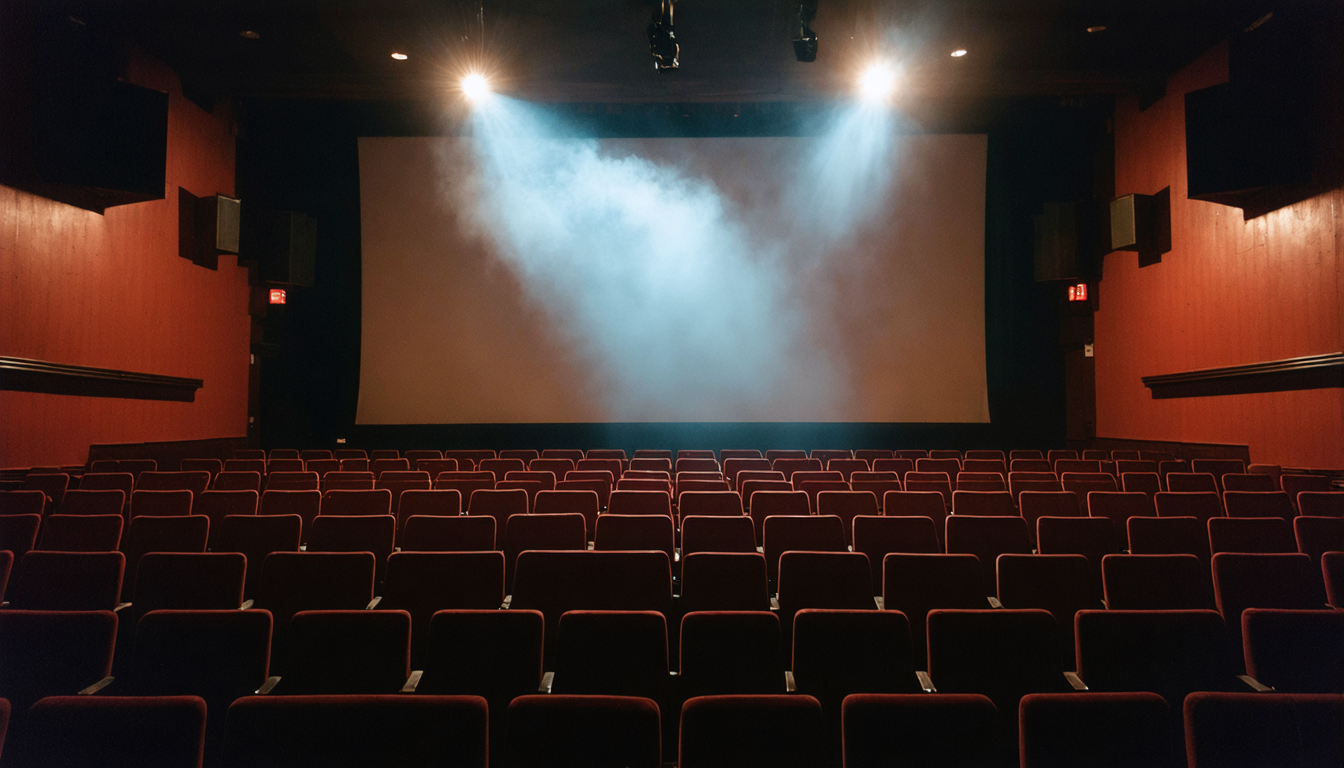 A dim cinema auditorium seen from the front, empty seats angled up toward a soft glowing screen, dust suspended in the projector beam.