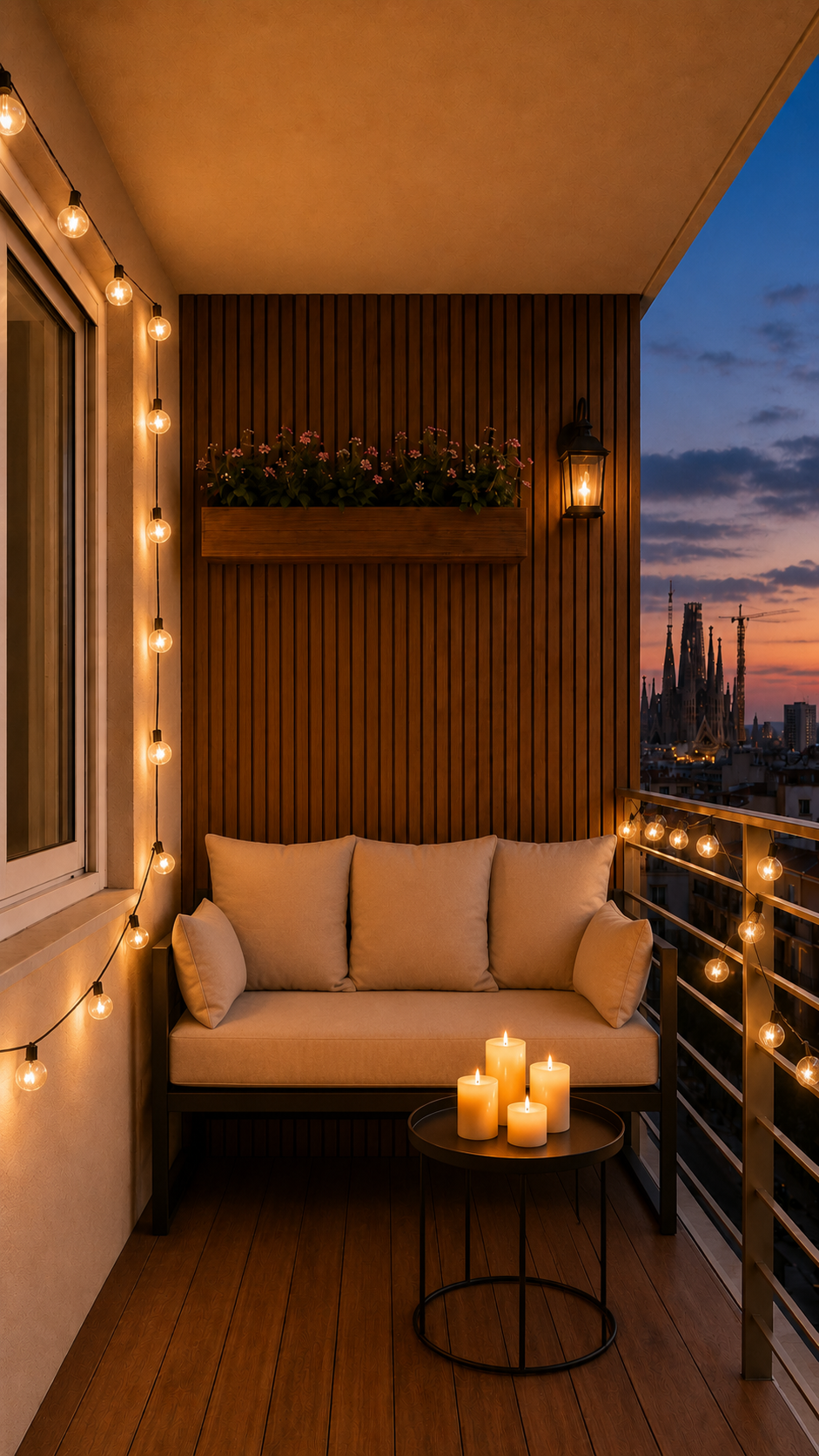 Balcón romántico en Barcelona con guirnalda de luces, paneles de madera y velas