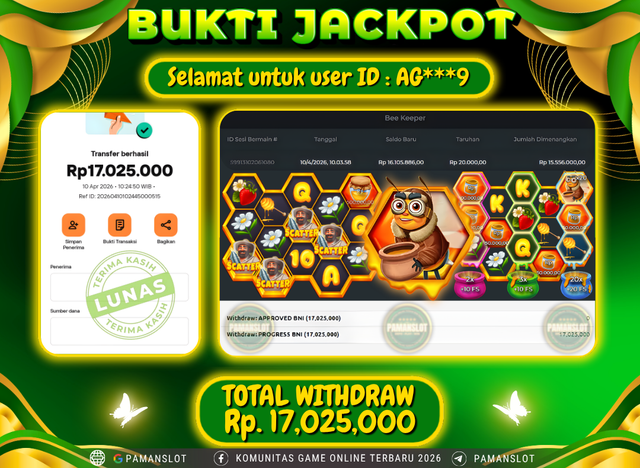 Selamat kepada Member PAMANSLOT Game Bee Keeper : AG***9