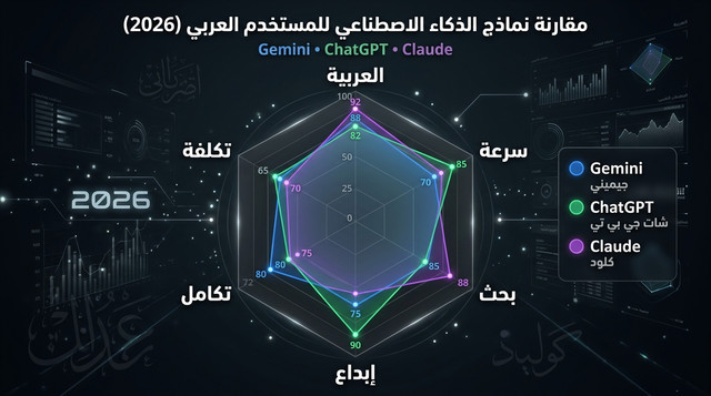 مخطط رادار يُقارن Gemini وChatGPT وClaude من منظور المستخدم العربي في 2026 على محاور متعددة