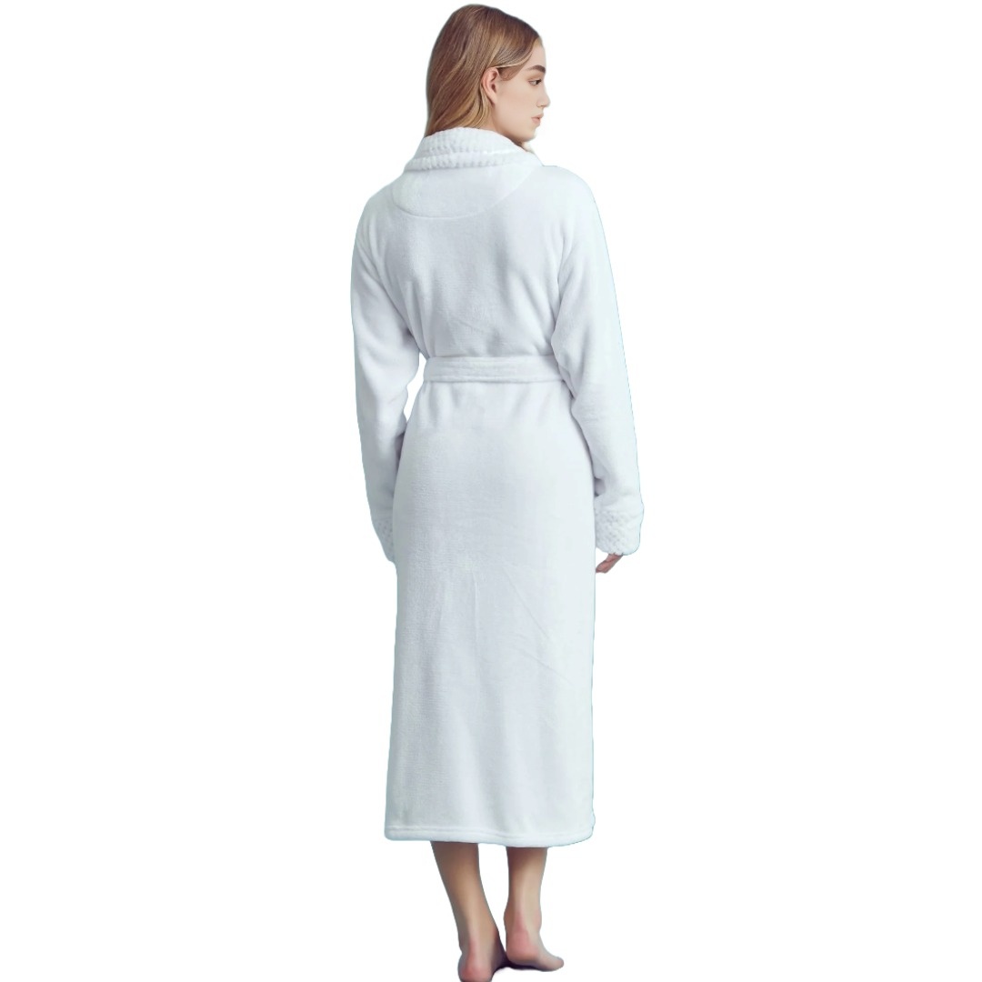 Women Plush Shawl Collar Robe, Fleece Bathrobe, White (S/M) view 3