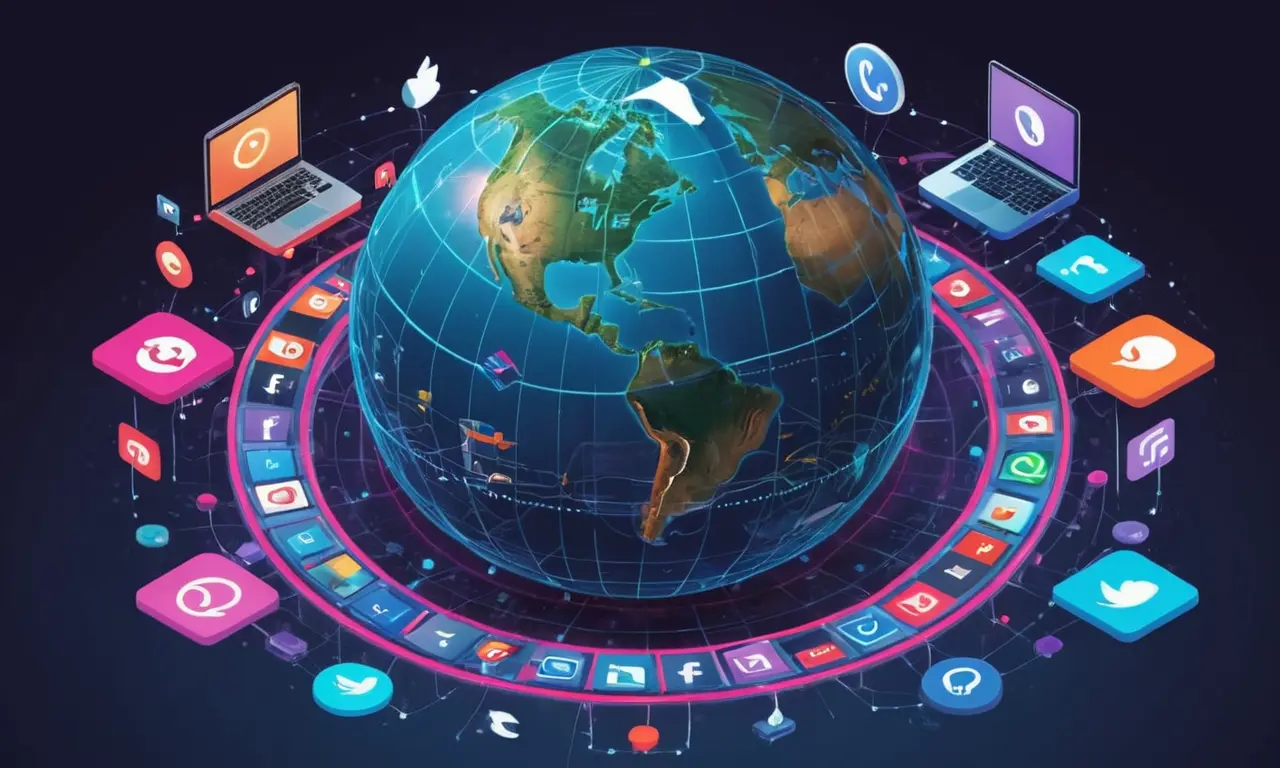 Un globo con medios sociales y símbolos tecnológicos que lo rodean, representando los desafíos del poder suave en la era digital.