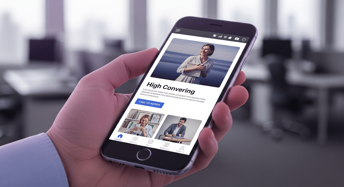 Close-up realistic photography of a hand holding a modern smartphone displaying a high-converting mobile website interface.