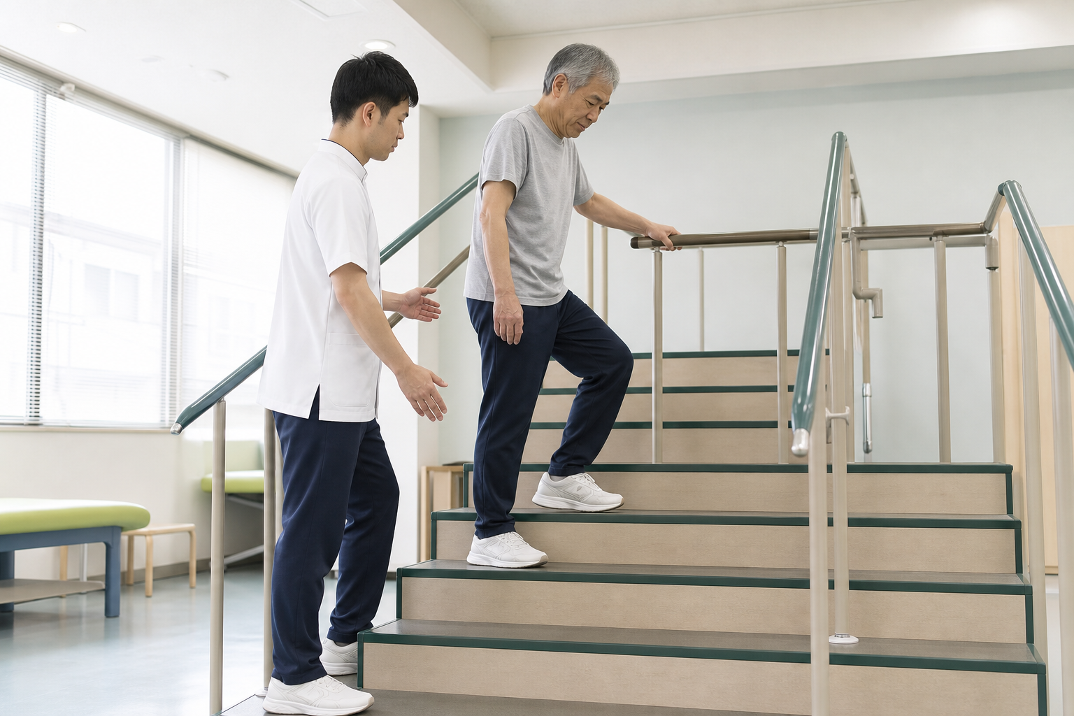 手すりと専門職の見守りで行う階段昇降練習