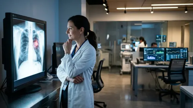 Doctor contemplating AI-analyzed chest X-ray on screen in modern radiology room, clinical mood