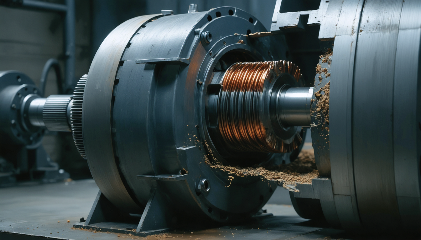 A large electric motor with its housing removed, showing the narrow air gap between the rotor and stator in a dim industrial workshop.