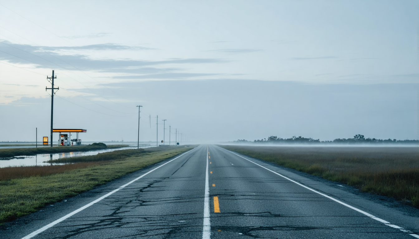An empty highway at dawn, two lanes cutting through flat marshland under a pale sky, a distant gas station sign.