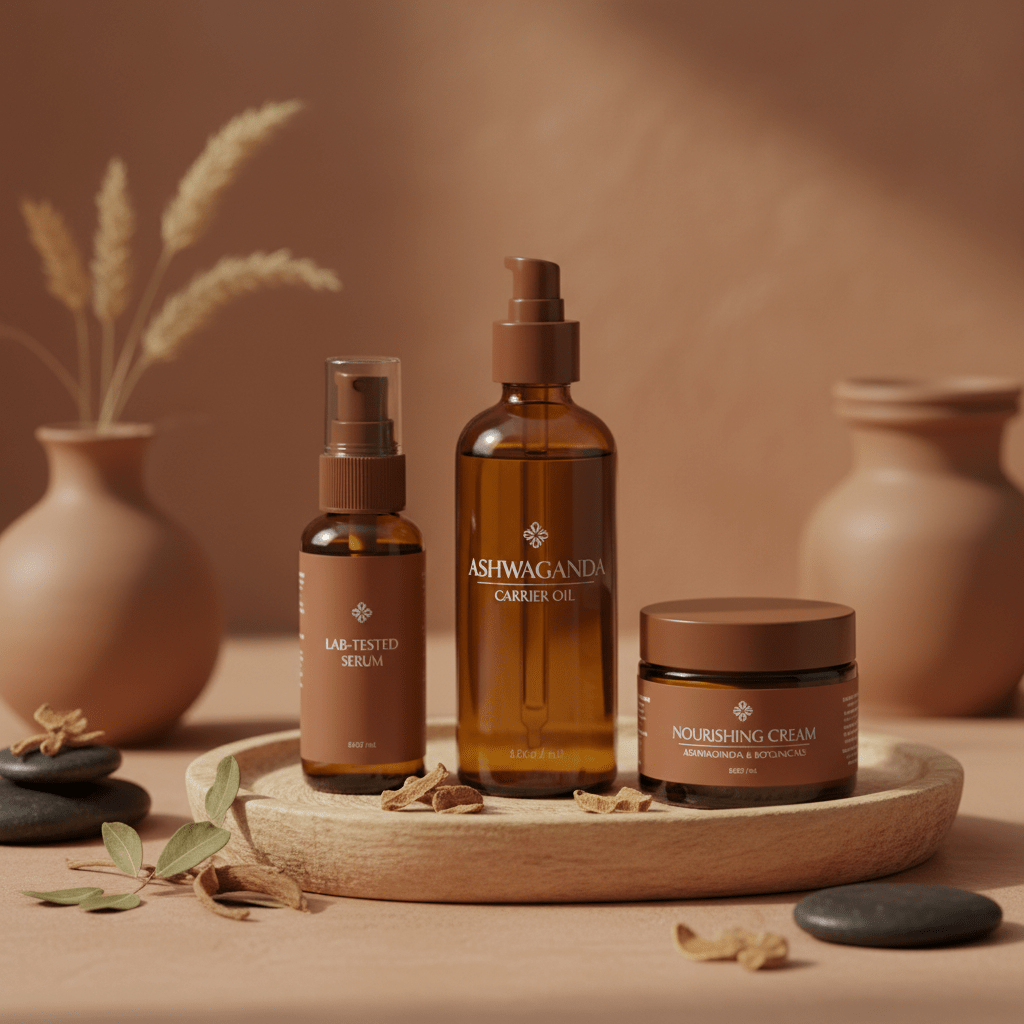 Elegant clean beauty products with ashwagandha oil, lab-tested ingredients, carrier oil bottle, minimal spa setting, warm earthy tones