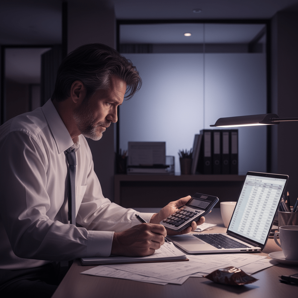 A stressed hotel manager reviewing payroll on a laptop surrounded by timesheets and calculators