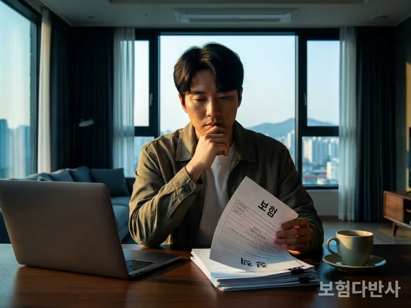 30대 한국인이 노트북과 커피잔이 놓인 현대적인 나무 책상에서 보험 서류를 신중하게 살펴보는 모습