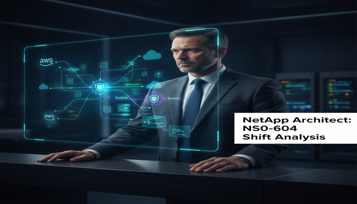 NetApp Architect: NS0-604 Shift Analysis A focused NetApp Certified Hybrid Cloud Architect analyzing a complex, dynamic holographic projection of a hybrid cloud infrastructure, highlighting evolving data flows and security protocols, representing the hidden shifts in the NS0-604 exam.