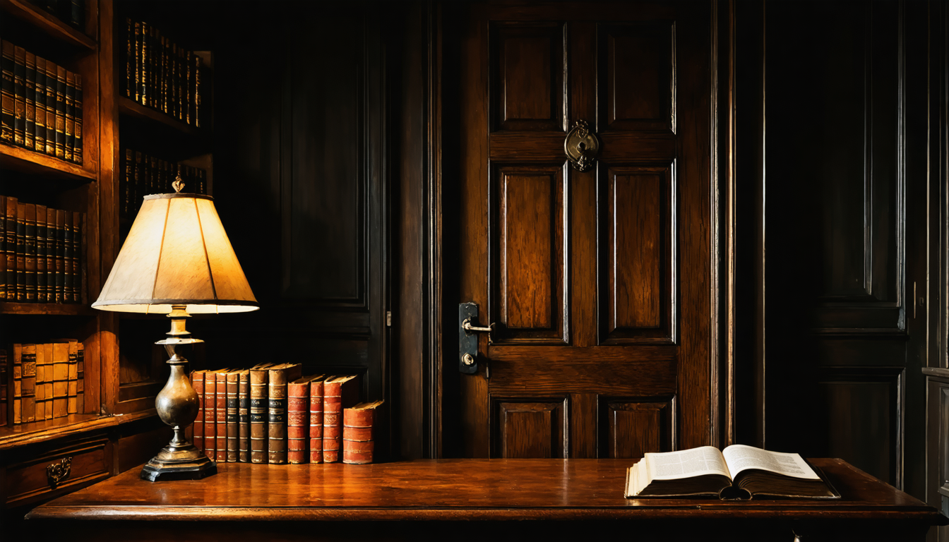 A dim wood-panelled study with a single locked door slightly ajar, warm lamplight falling across old books and a heavy desk.