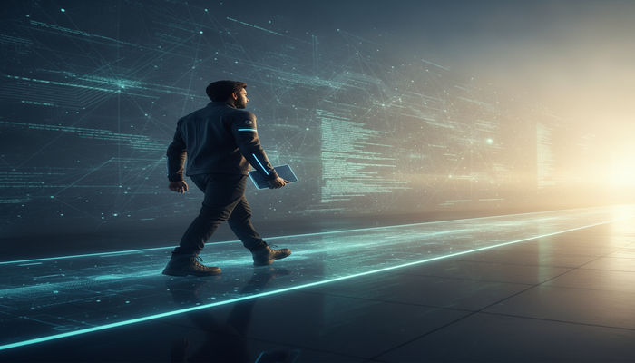 Navigate JN0-423: DevOps Advantage A professional network engineer confidently walks on a glowing digital path, surrounded by abstract Juniper network automation code, symbolizing the JN0-423 exam leading to a Juniper DevOps specialist career advantage.