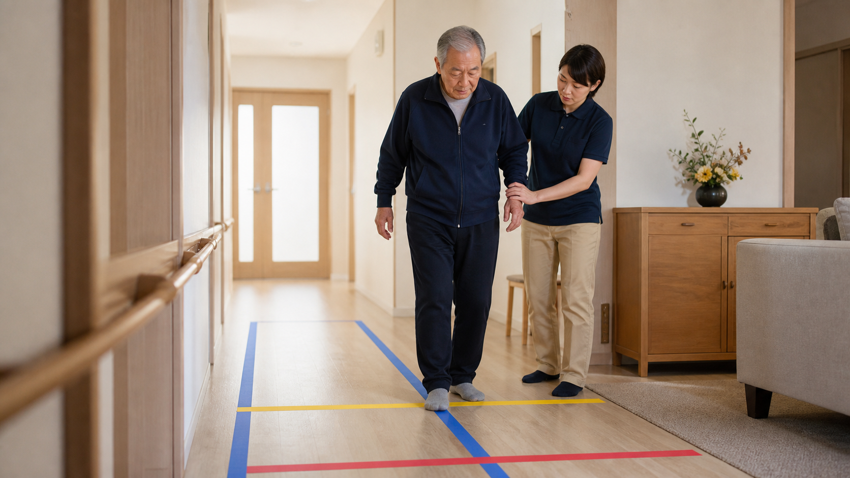 自宅の廊下で視覚的な合図を使い歩行練習を行う様子