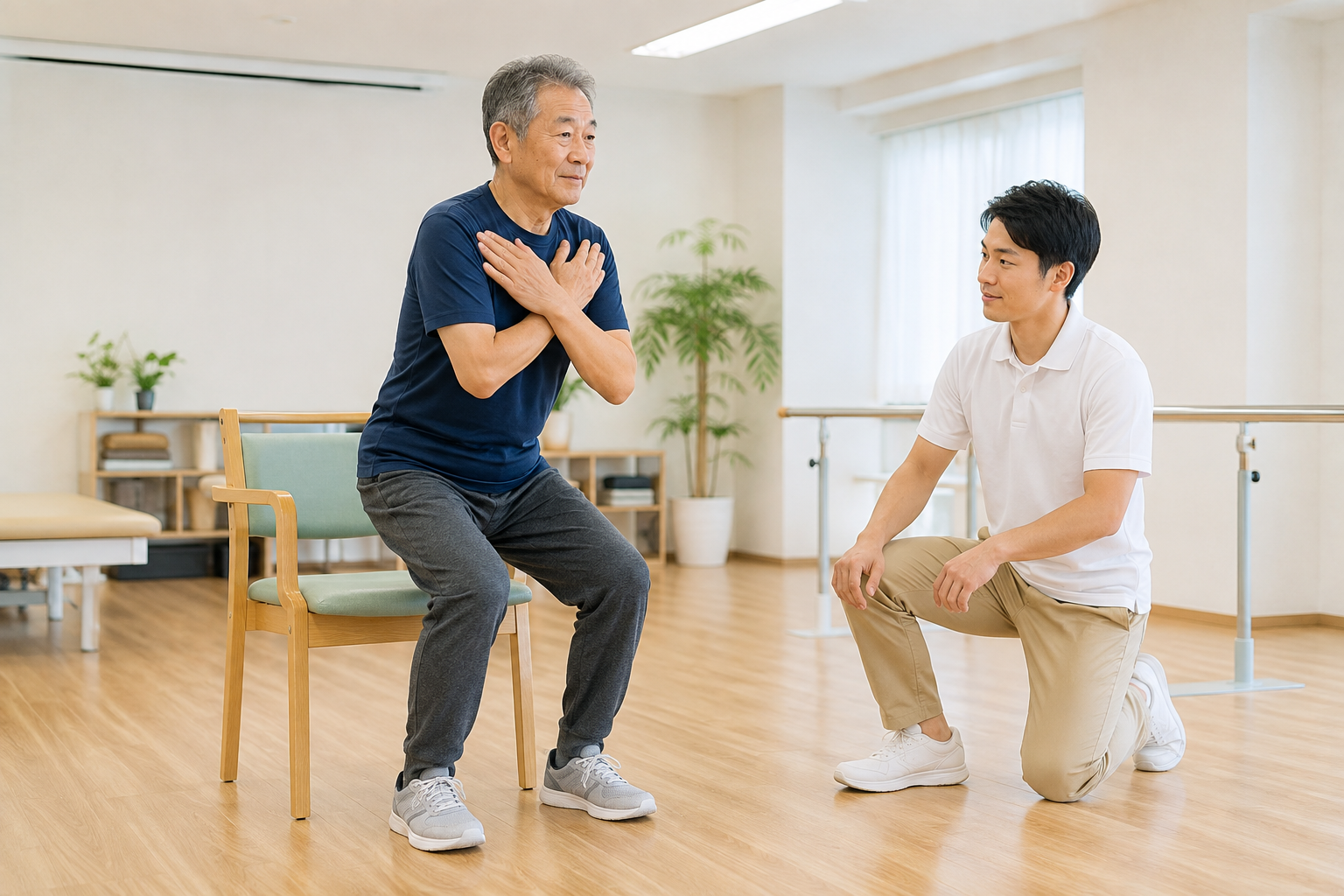 変形性膝関節症の人が療法士の見守りで椅子から立ち上がる練習をする場面