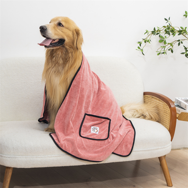 Pink 100*50cm icrofibre Pet Bath Towel with Hand Pockets - Super Absorbent Quick Dry Dog and Cat Drying Towel, Soft Grooming Blanket for Bathing, Cleaning and Everyday Pet Care