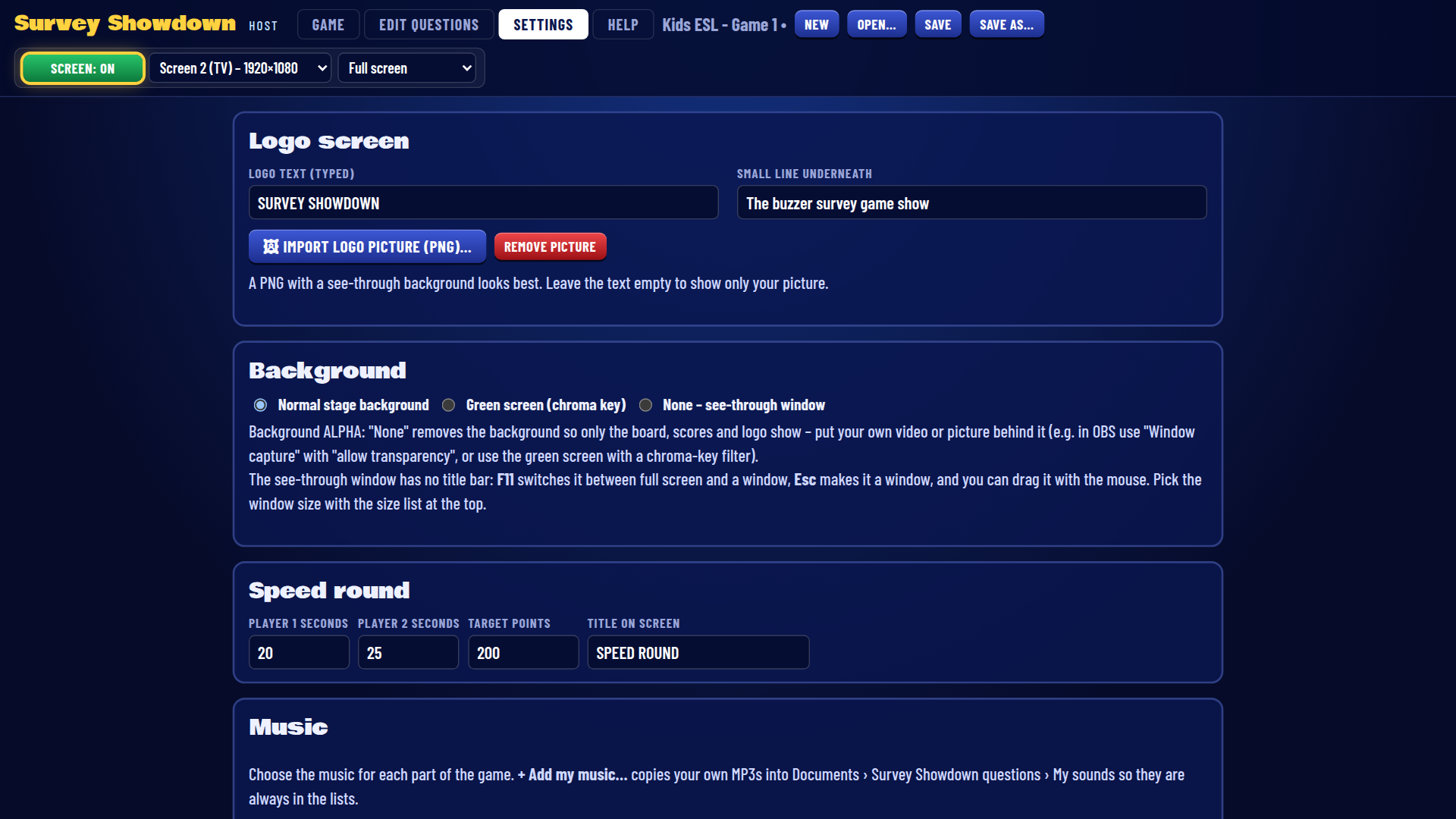 Survey Showdown – Host screen – settings