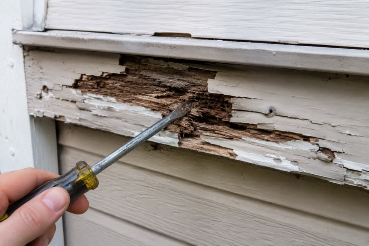 Wood rot repair on deck and fence boards before painting