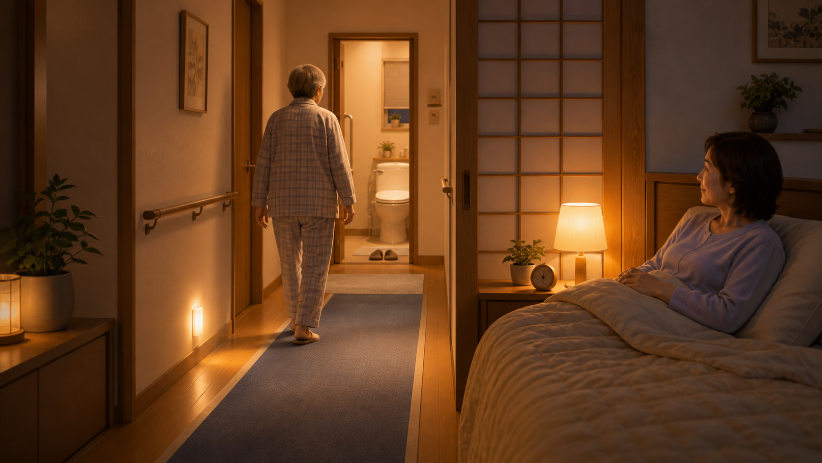 認知症のある高齢者が足元灯のある安全な夜間動線を歩く様子