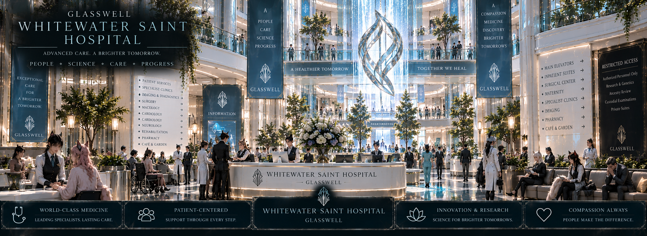 The public atrium of Whitewater Saint Hospital in Glasswell.