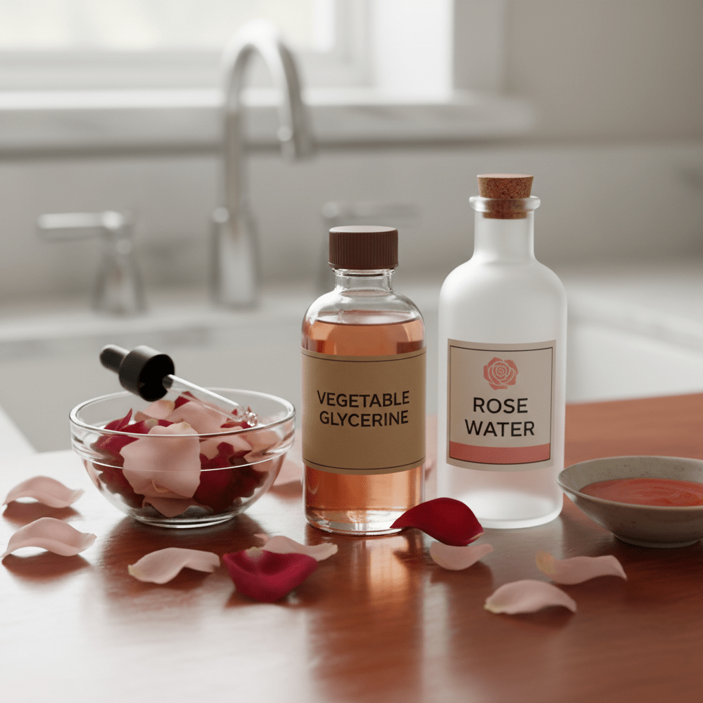 DIY skincare flat lay with glycerine and rose water