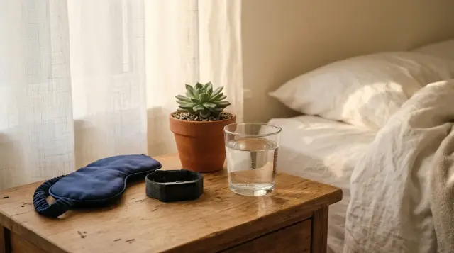 Sunlit nightstand with water glass, sleep mask, and fitness tracker, calm morning mood