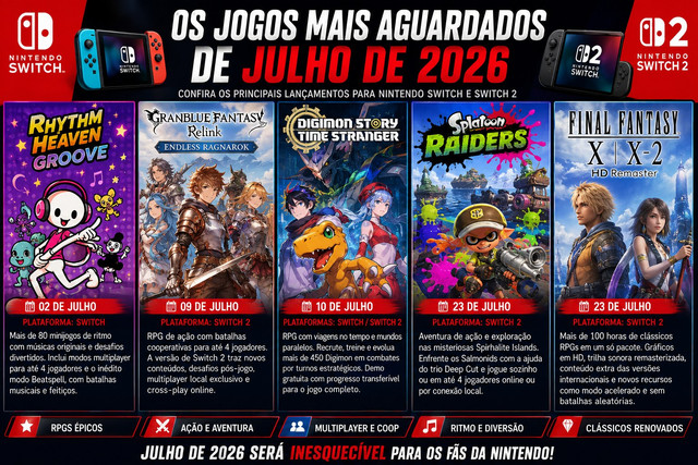 Os principais lançamentos de julho para Nintendo Switch e Switch 2: confira os jogos que chegam neste mês