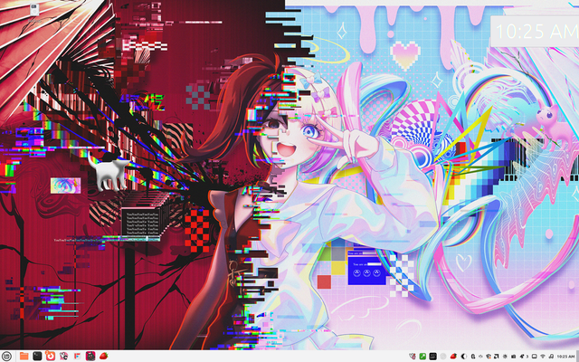 A linux mint desktop. The wallpaper is of Ame-Chan and KAngel from Needy Streamer Overload.