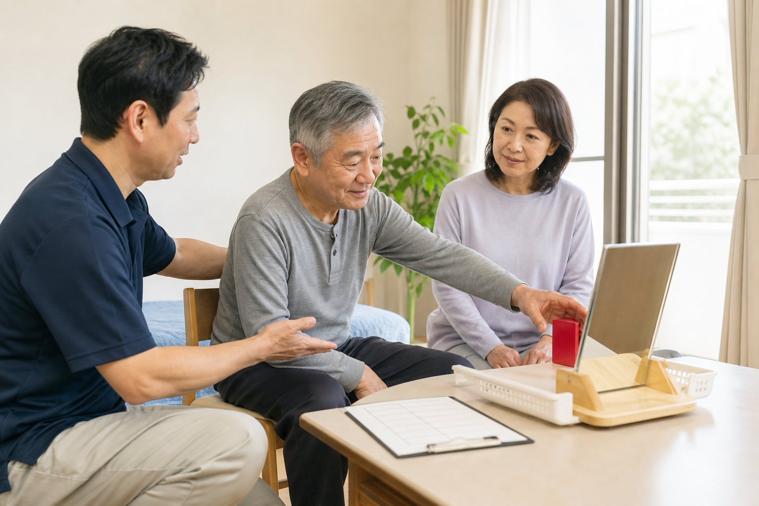 鏡を用いた生活動作の確認を本人・家族・療法士で行う場面