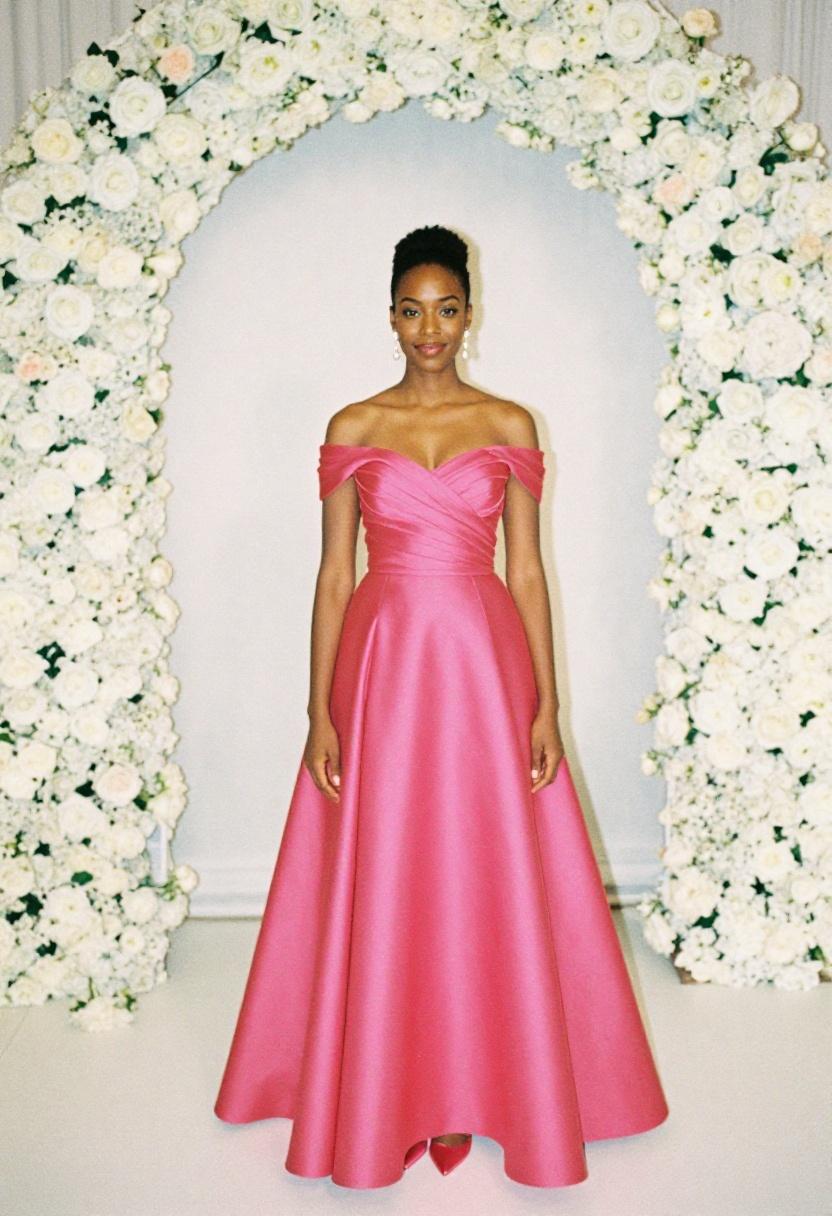Bold fuchsia ballgown with voluminous skirt against white floral arch