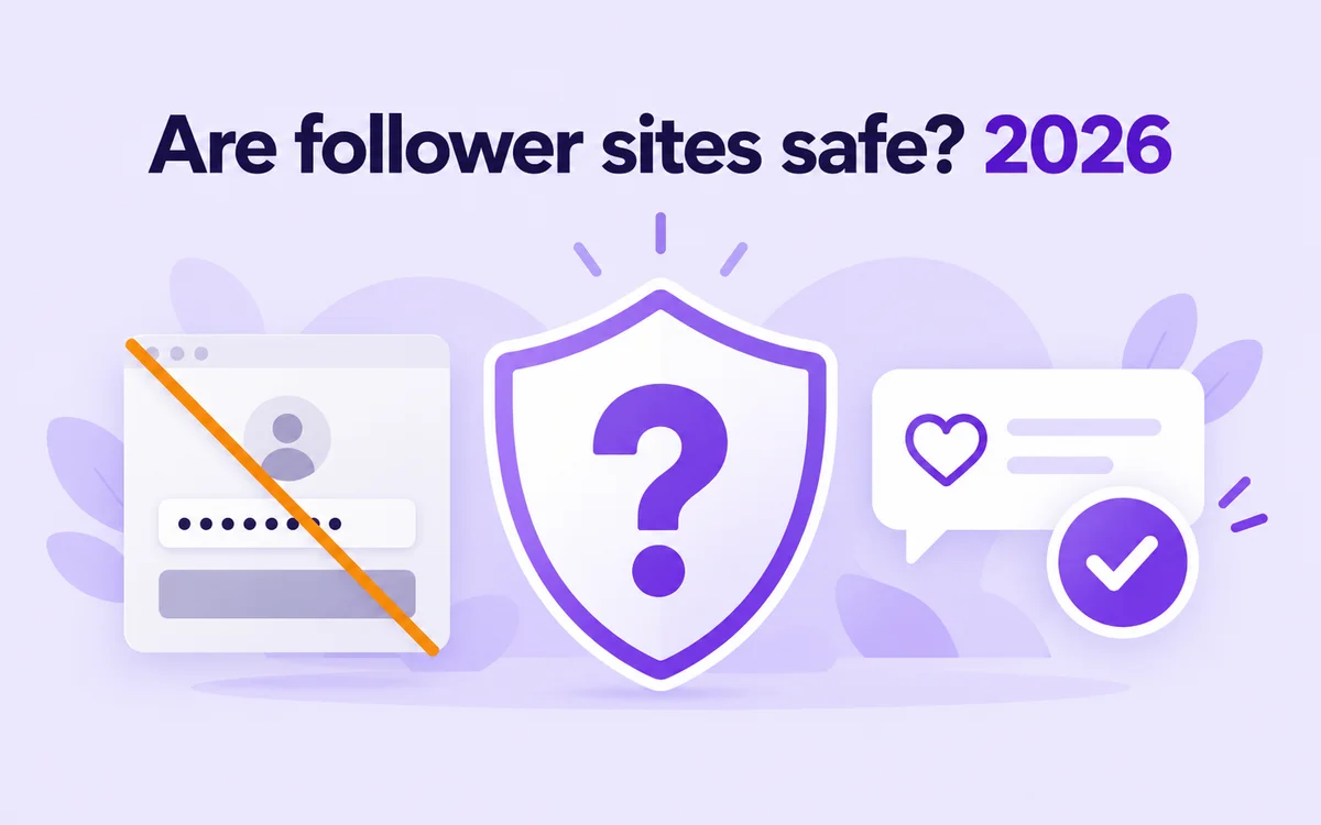 Are Instagram follower sites safe? 2026: a shield with a question mark between a crossed-out password login and a DM with a heart