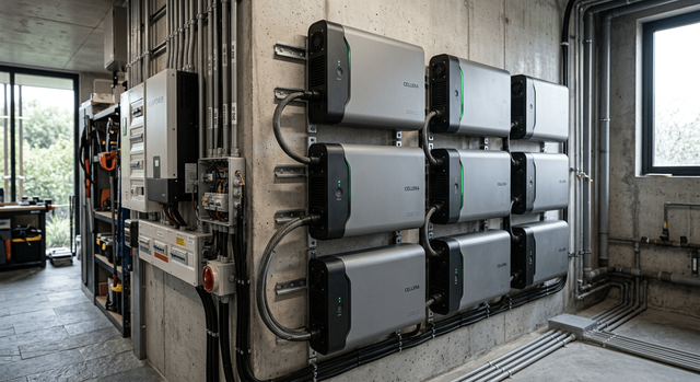 A sleek, modular battery storage system with multiple interconnected units mounted on a wall, illustrating the concept of modularity in battery technology.