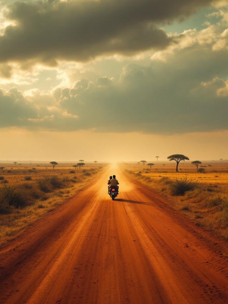 Route en terre isolée dans la savane malienne avec moto au loin