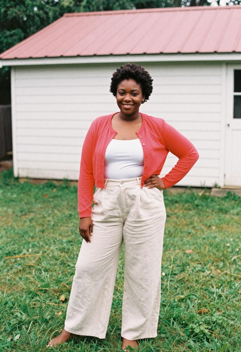 Plus-size woman in coral-red cropped cardigan over white tank and wide-leg linen trousers, confident playful spring look