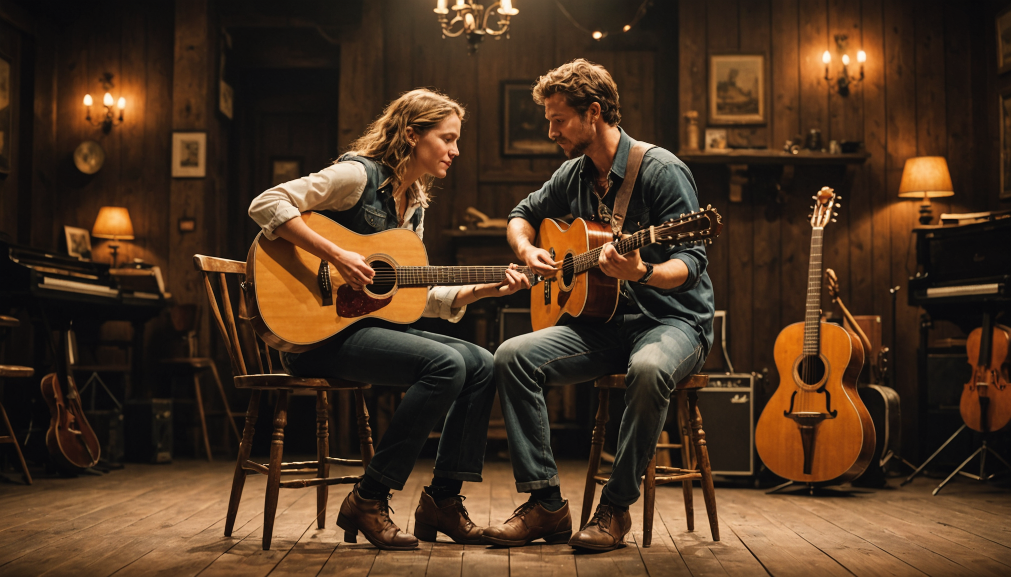 Two artists sharing emotional moment in cozy, rustic setting.