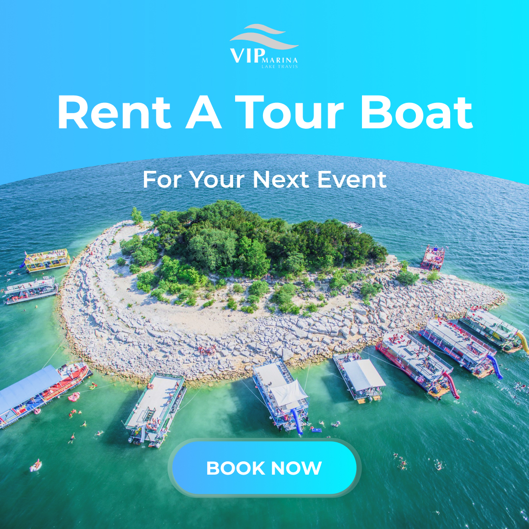 Aerial view of boats and island at Lake Travis, VIP Marina tour boat rentals.
