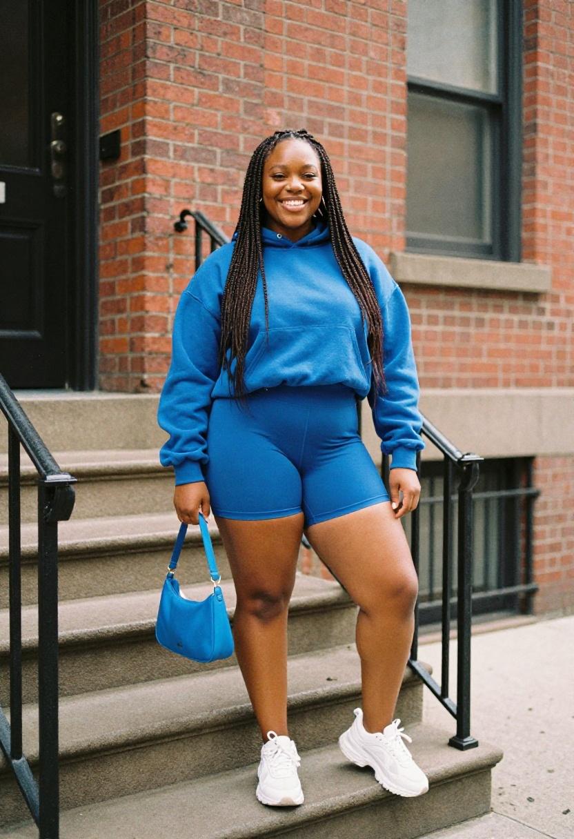 Plus size woman in cobalt blue bike shorts and matching hoodie sitting on an urban stoop